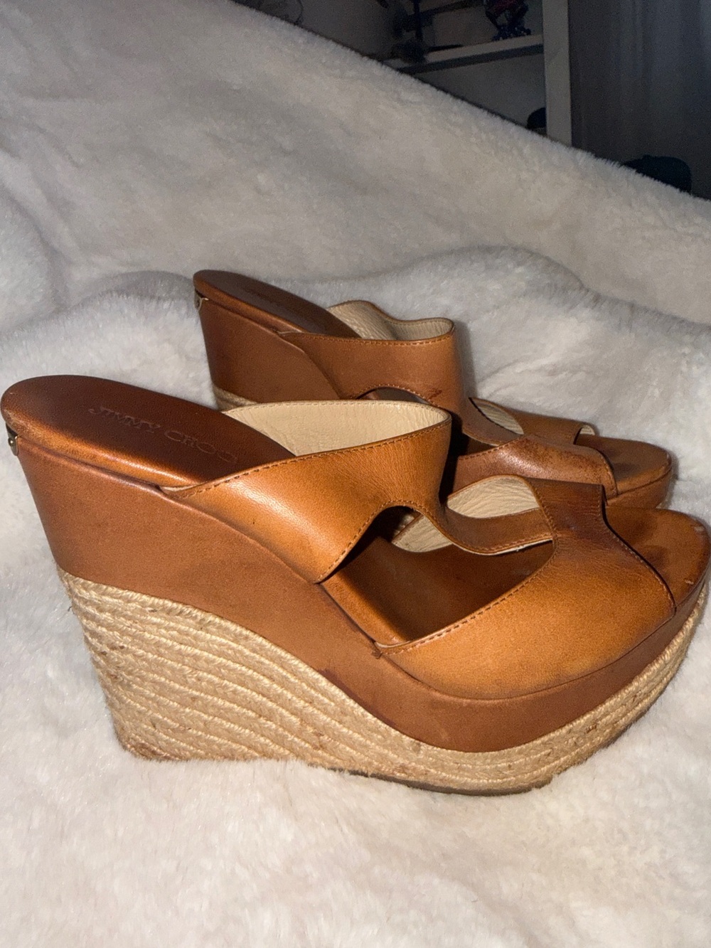 Jimmy Choo Cognac Leather Espadrille Wedge Sandals